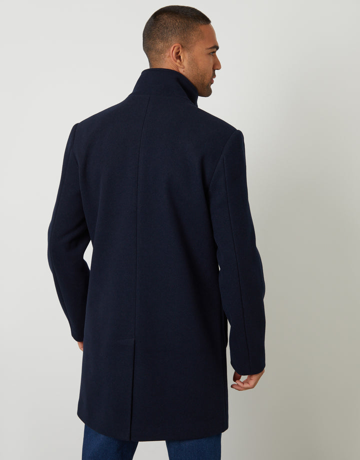 Navy Faux Wool Mock Layer Longline Utility Coat