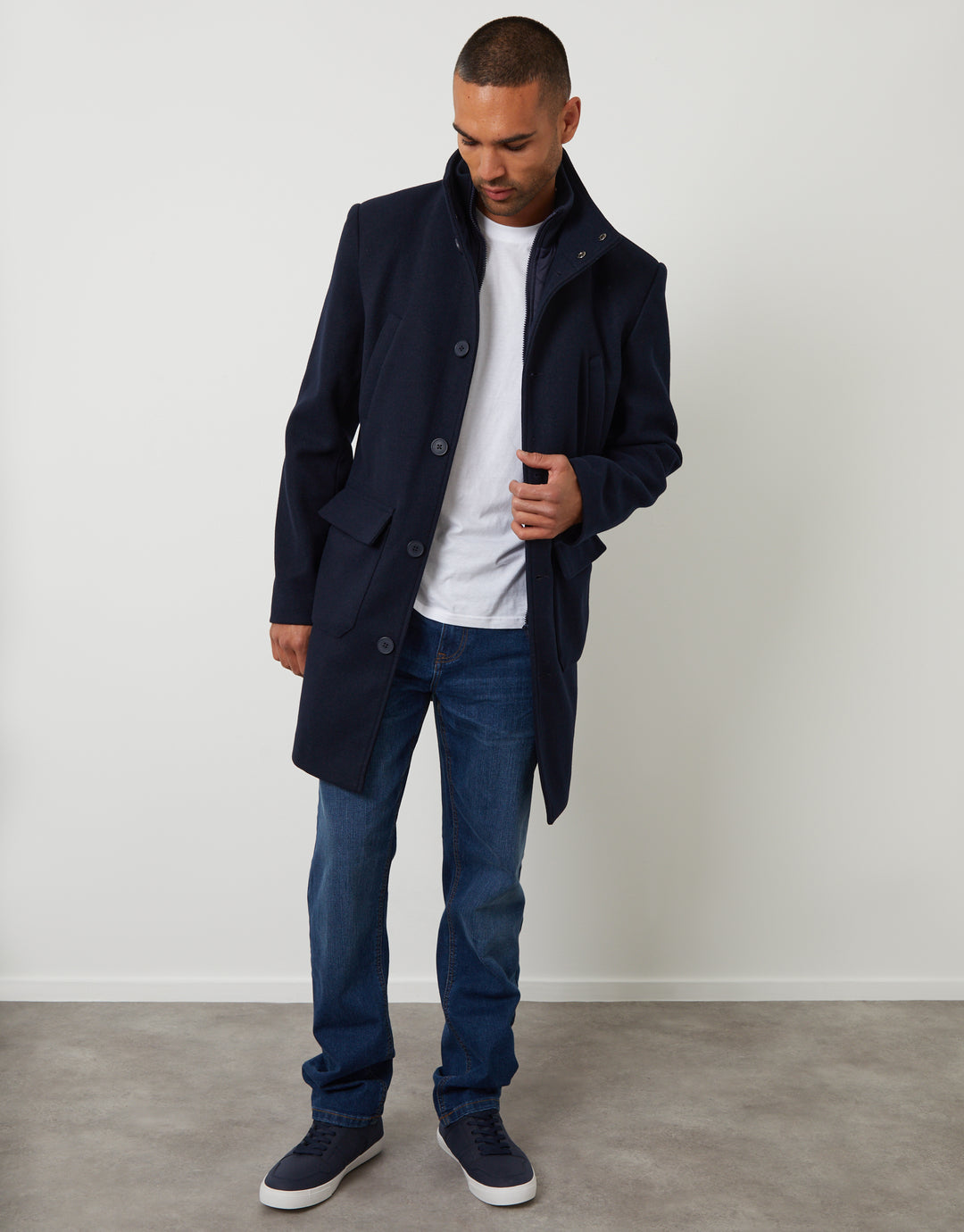 Navy Faux Wool Mock Layer Longline Utility Coat