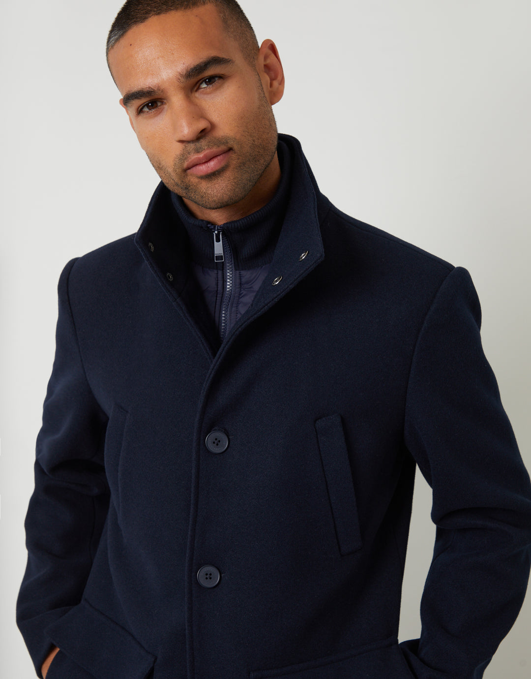 Navy Faux Wool Mock Layer Longline Utility Coat