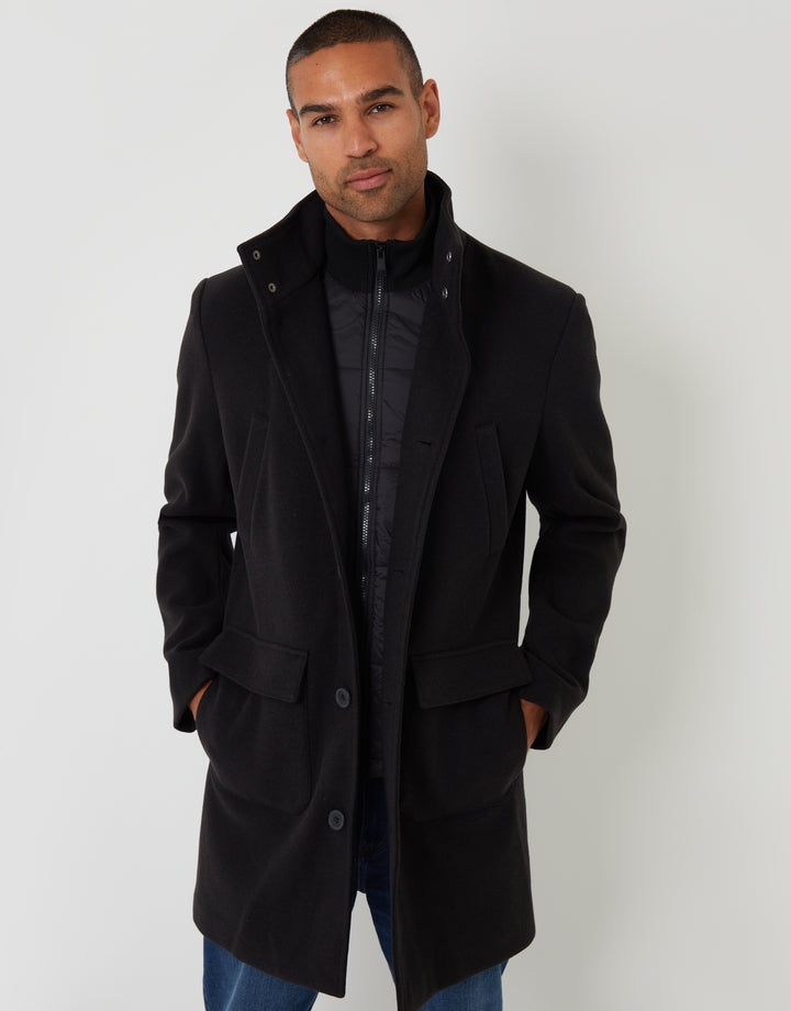 Black Faux Wool Mock Layer Longline Utility Coat