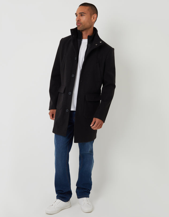 Black Faux Wool Mock Layer Longline Utility Coat