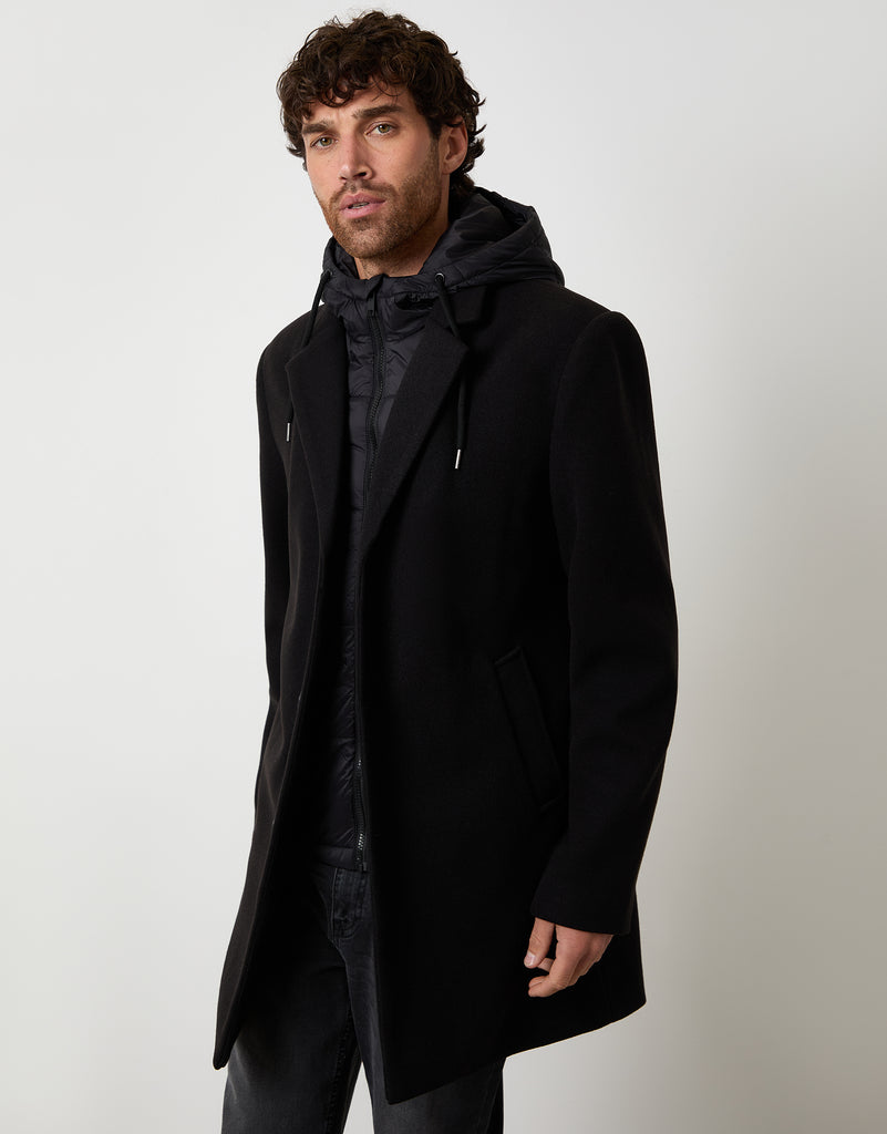 Threadbare Men's Black Faux Wool Mock Inner Hooded Longline Coat