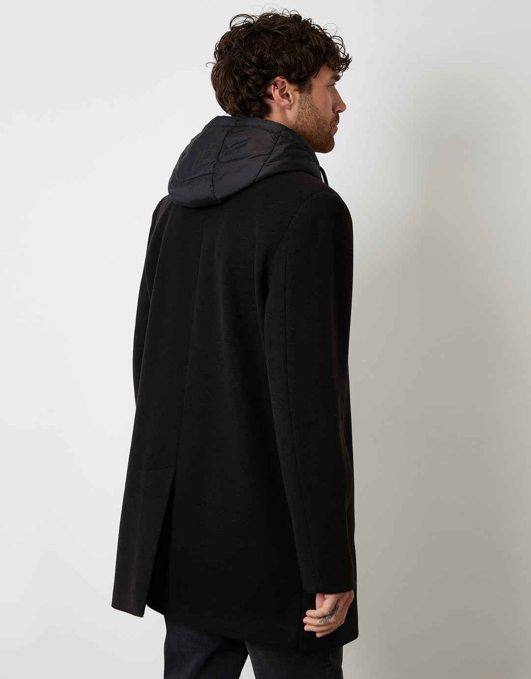 Black Faux Wool Mock Inner Hooded Longline Coat