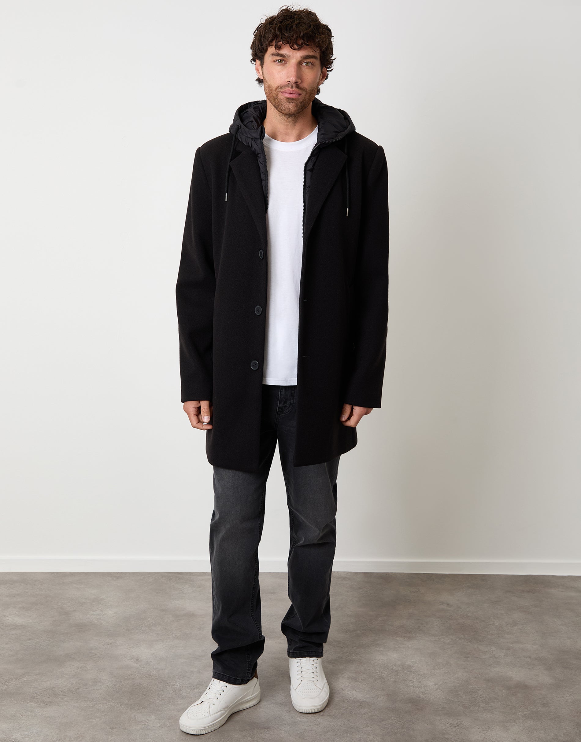 Threadbare Men's Faux Wool Hooded Longline Coat in Black