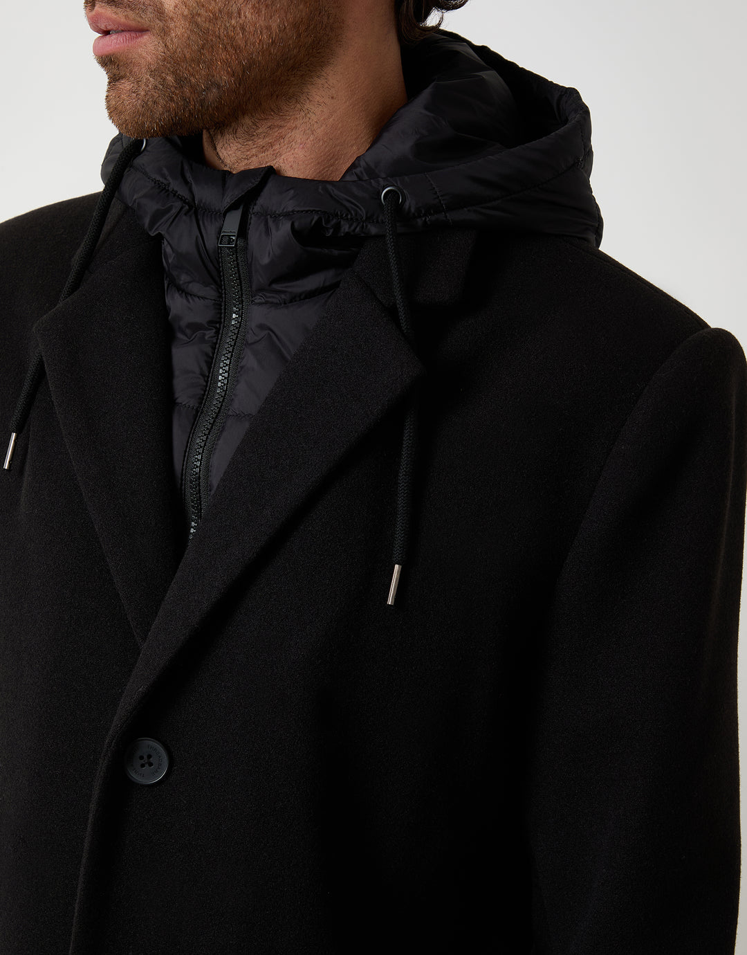 Black Faux Wool Mock Inner Hooded Longline Coat