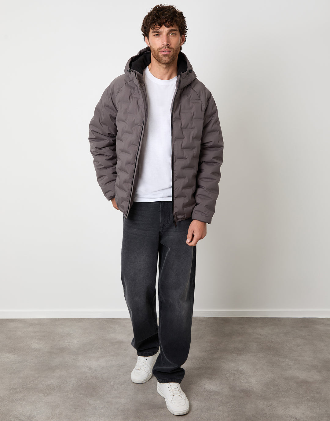 Hooded Quilted Jacket in Slate Grey