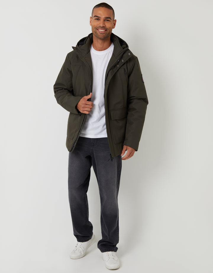 Khaki Green Showerproof Longline Hooded Padded Jacket