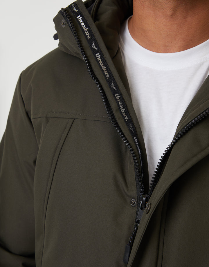 Khaki Green Showerproof Longline Hooded Padded Jacket