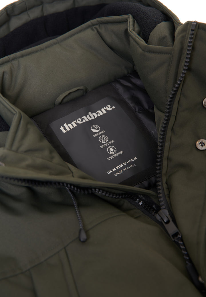 Khaki Green Showerproof Longline Hooded Padded Jacket