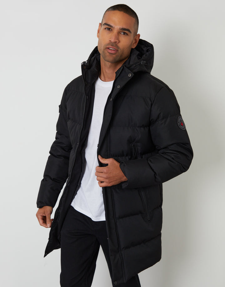 Black Showerproof Longline Hooded Puffer Jacket