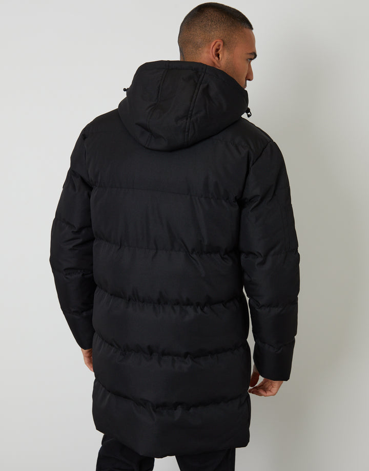 Black Showerproof Longline Hooded Puffer Jacket