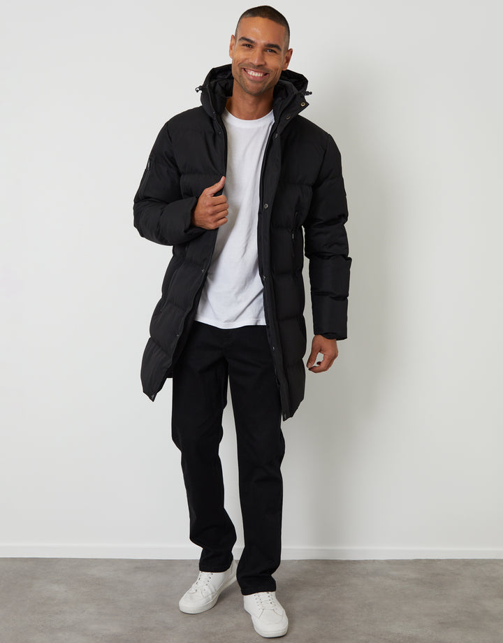 Black Showerproof Longline Hooded Puffer Jacket