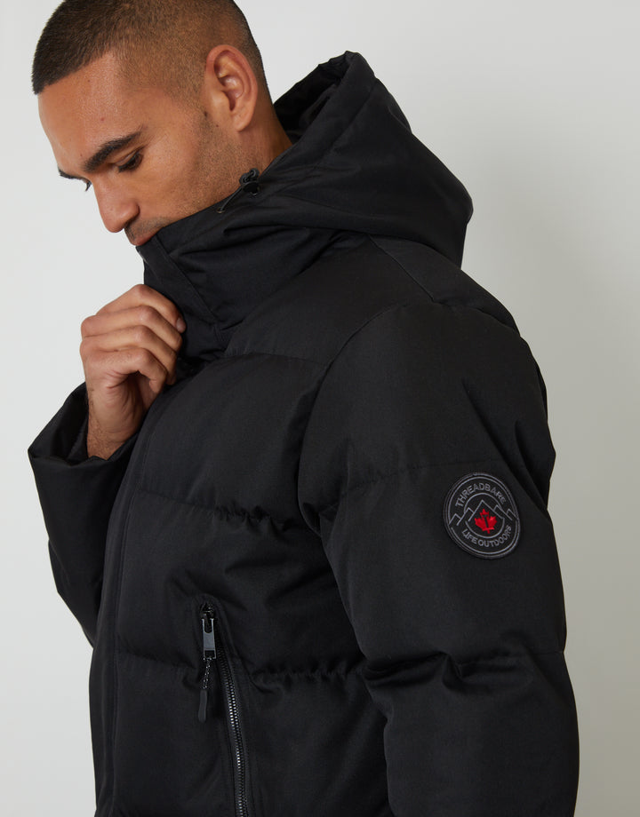 Black Showerproof Longline Hooded Puffer Jacket