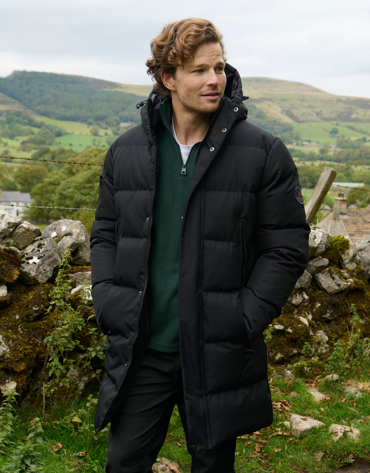 Black Showerproof Longline Hooded Puffer Jacket