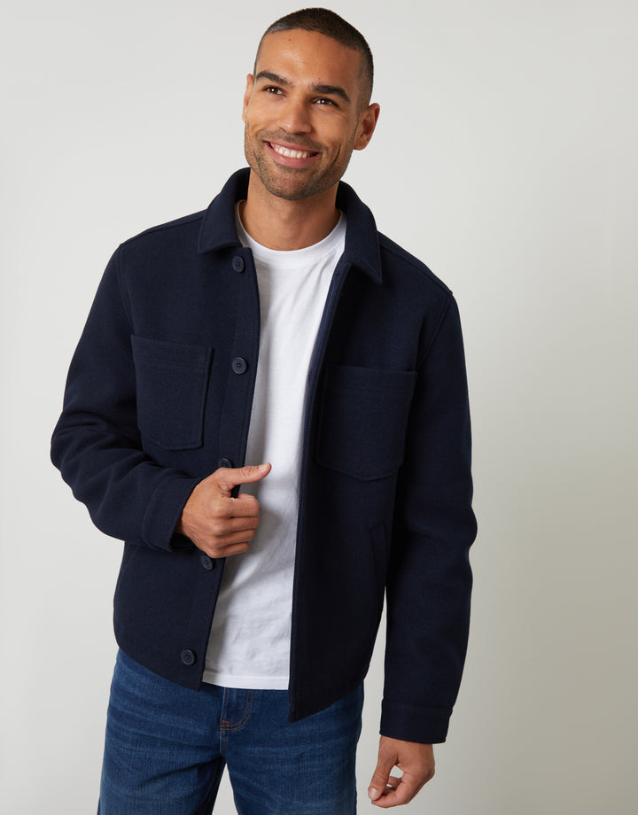 Navy Faux Wool Button Up Quilted Shacket
