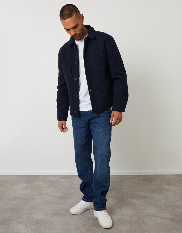 Navy Faux Wool Button Up Quilted Shacket