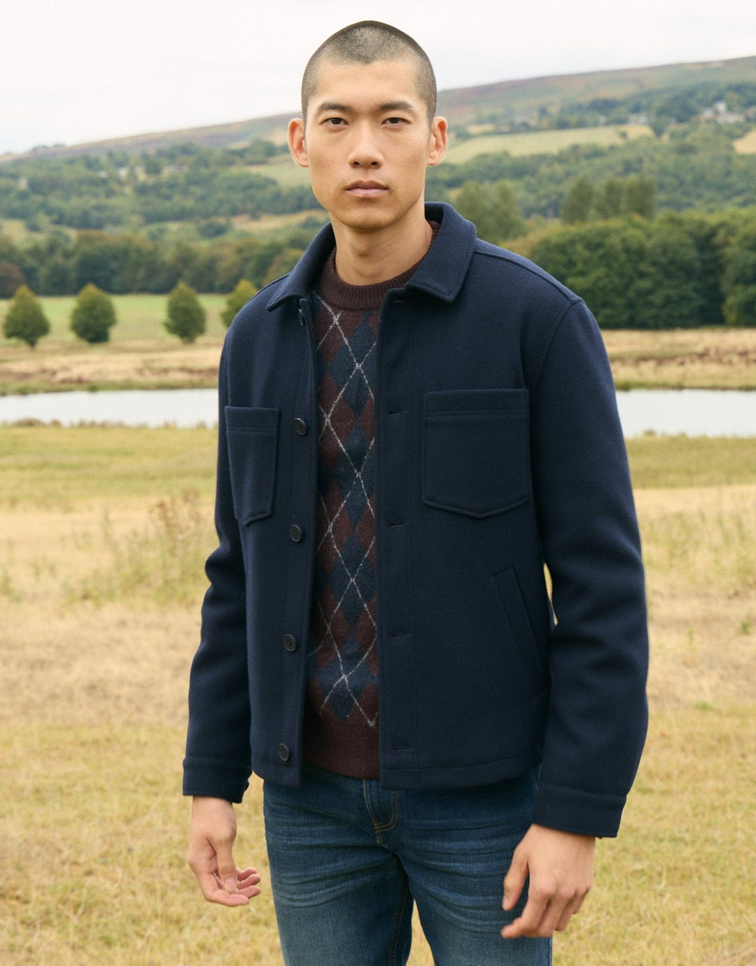Faux Wool Button Up Quilted Shacket in Navy