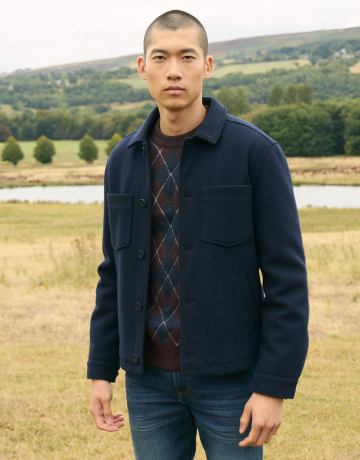 Faux Wool Button Up Quilted Shacket in Navy