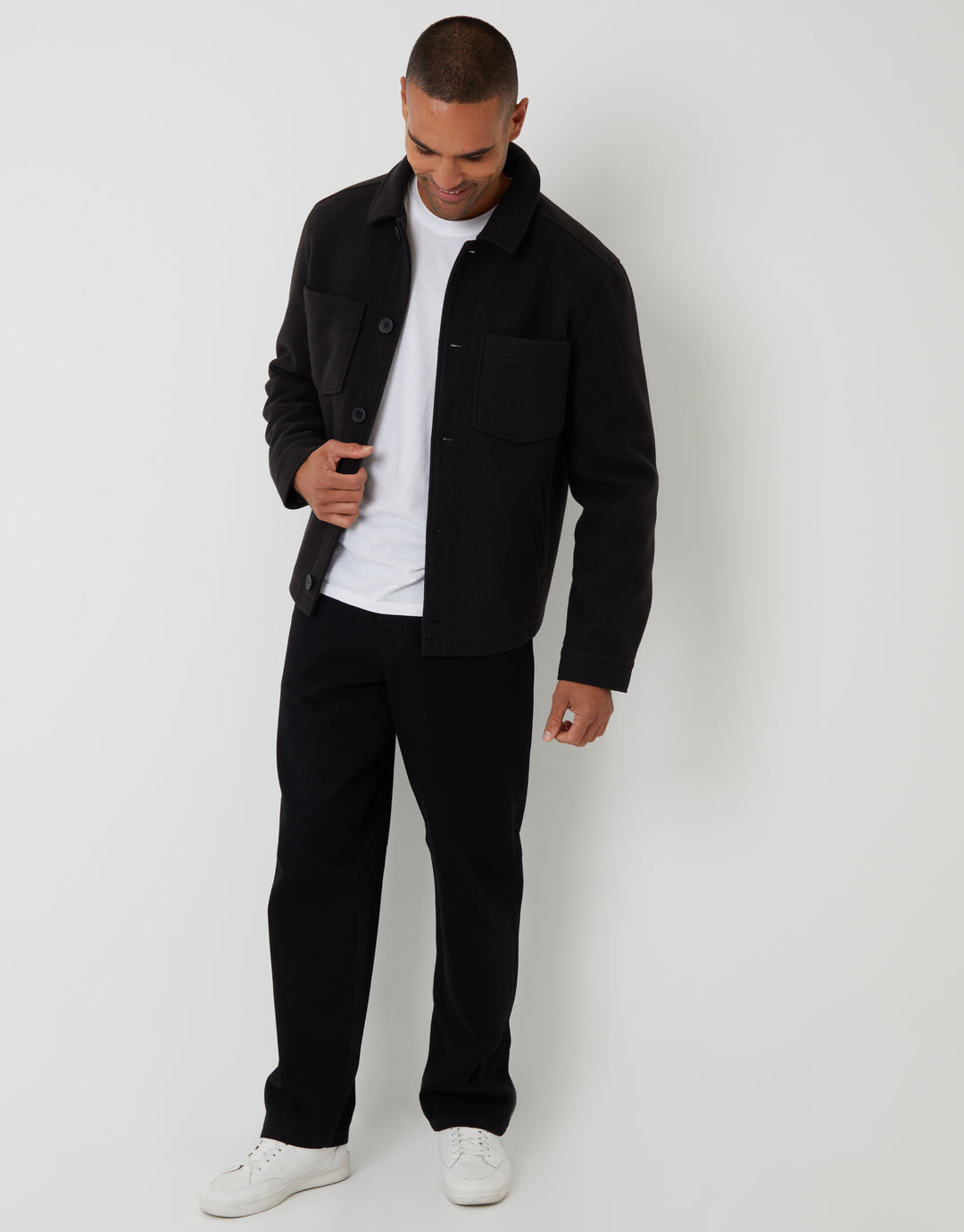 Black Faux Wool Button Up Quilted Shacket