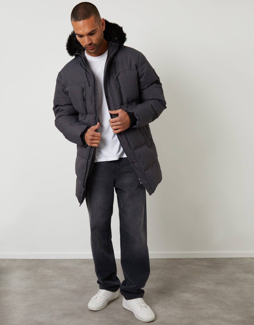 Slate Grey Showerproof Longline Quilted Parka Jacket