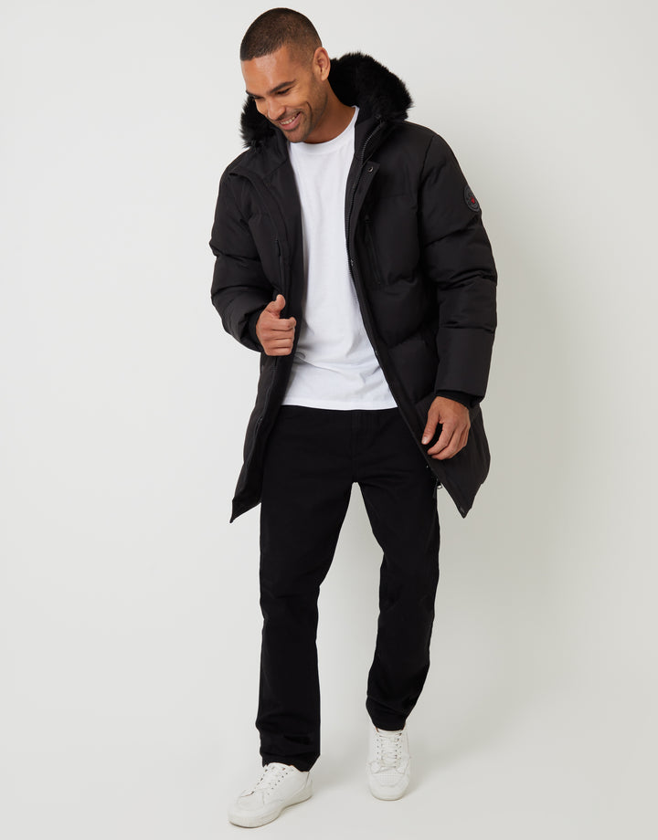 Black Showerproof Longline Quilted Parka Jacket