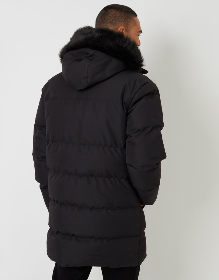 Black Showerproof Longline Quilted Parka Jacket