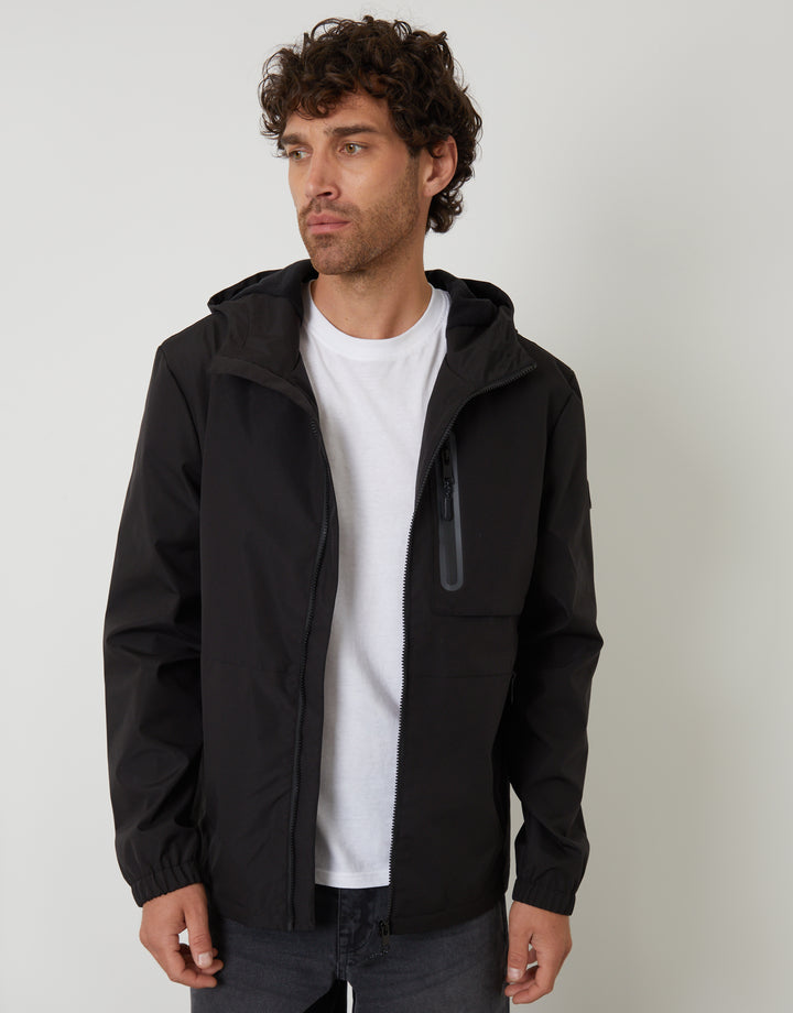 Black Showerproof Hooded Microfleece Lined Jacket