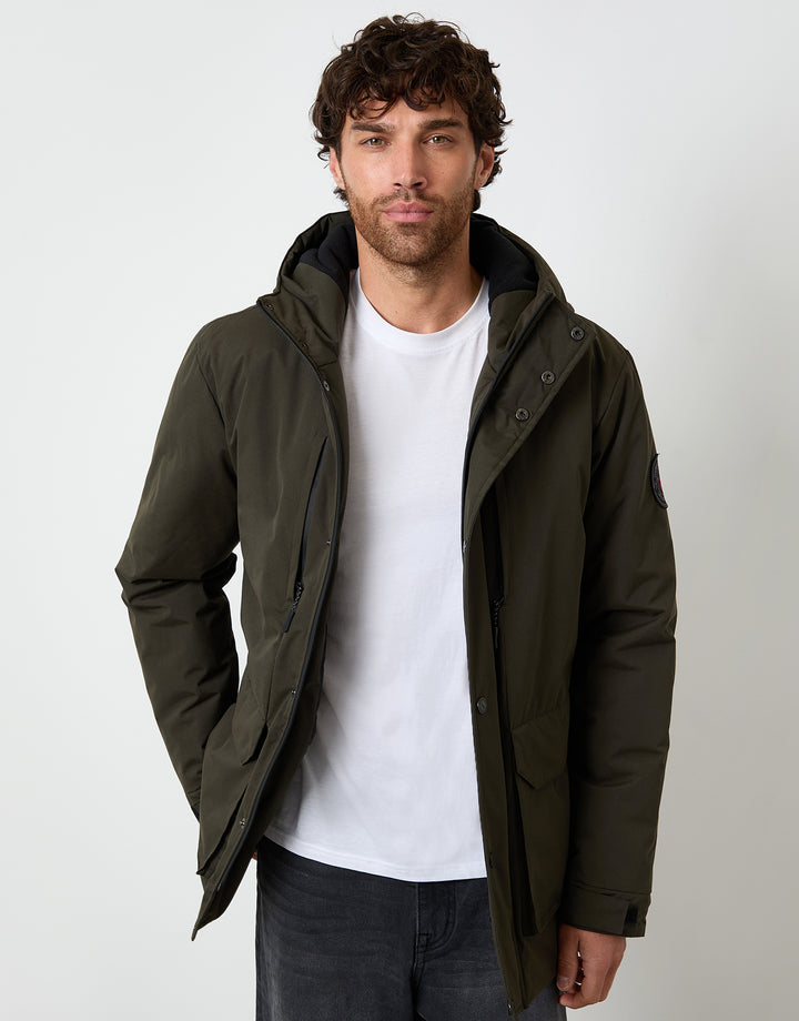 Khaki Green Showerproof Padded Hooded Coat