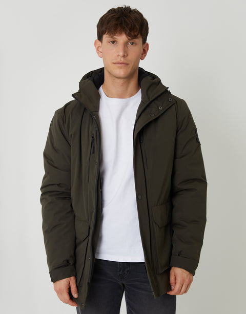 Threadbare Showerproof Padded Hooded Coat in Khaki Green - front view