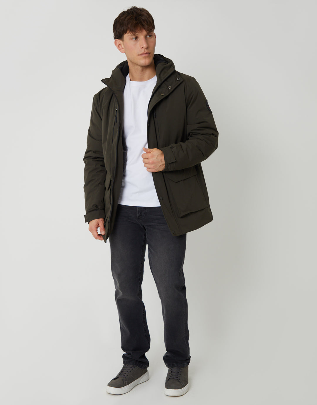 Threadbare Showerproof Padded Hooded Coat in Khaki Green - full body