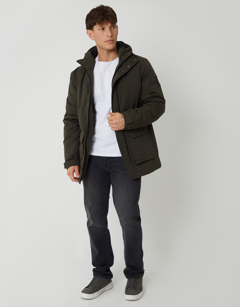 Threadbare Showerproof Padded Hooded Coat in Khaki Green - full body