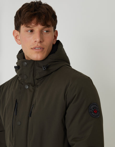 Threadbare Showerproof Padded Hooded Coat in Khaki Green - front view close up