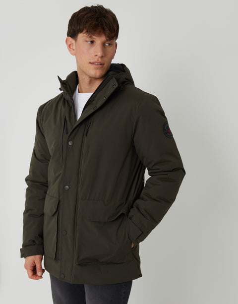 Threadbare Showerproof Padded Hooded Coat in Khaki Green - front view, zipped up