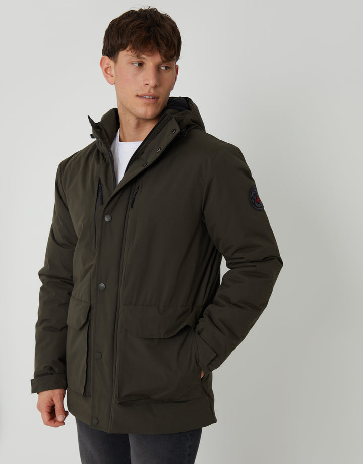 Threadbare Showerproof Padded Hooded Coat in Khaki Green - front view, zipped up