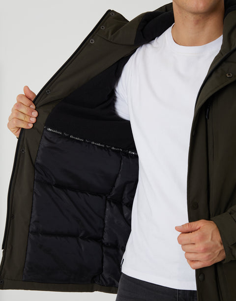 Threadbare Showerproof Padded Hooded Coat in Khaki Green - lining close up