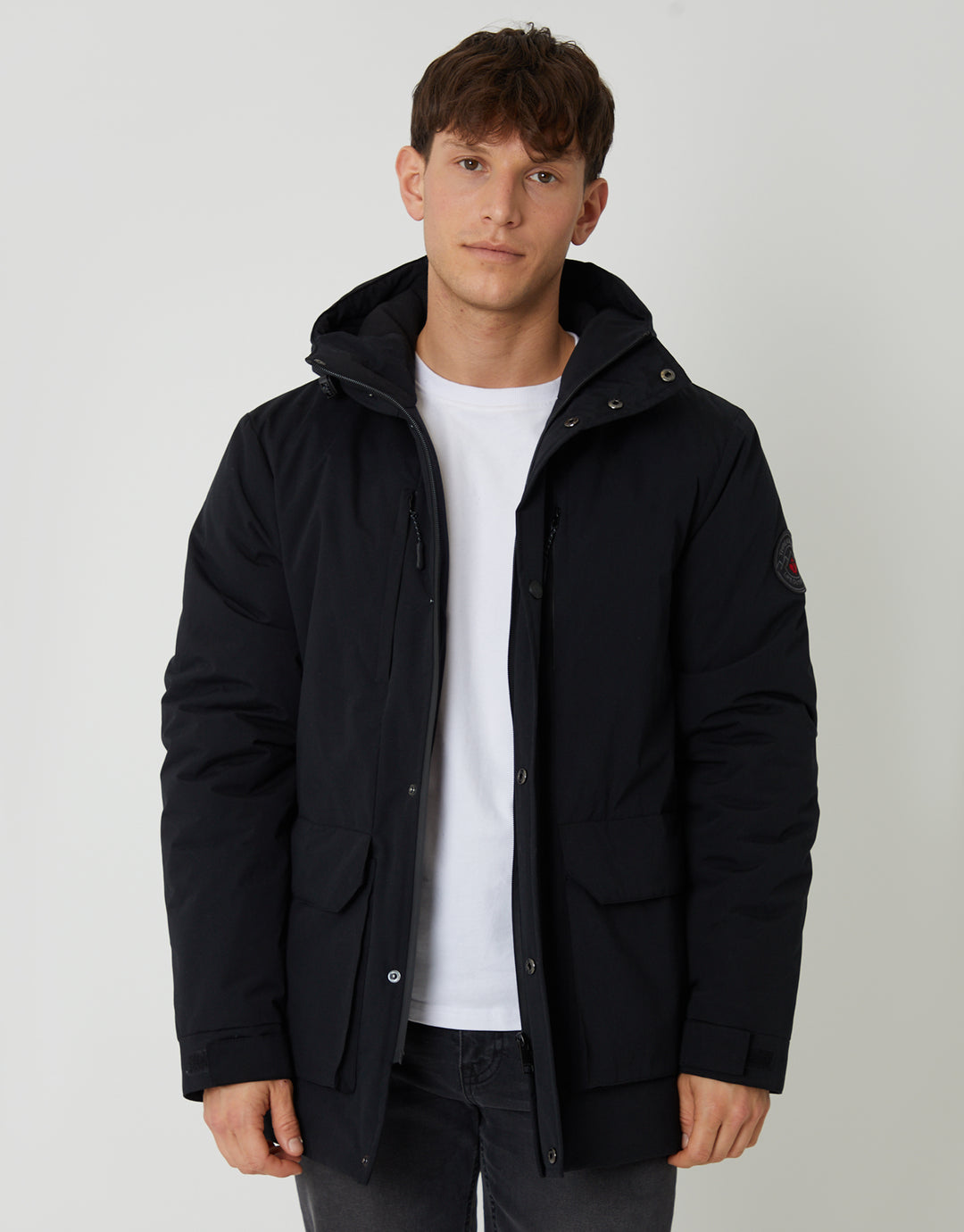 Threadbare Showerproof Padded Hooded Coat in Black - front view