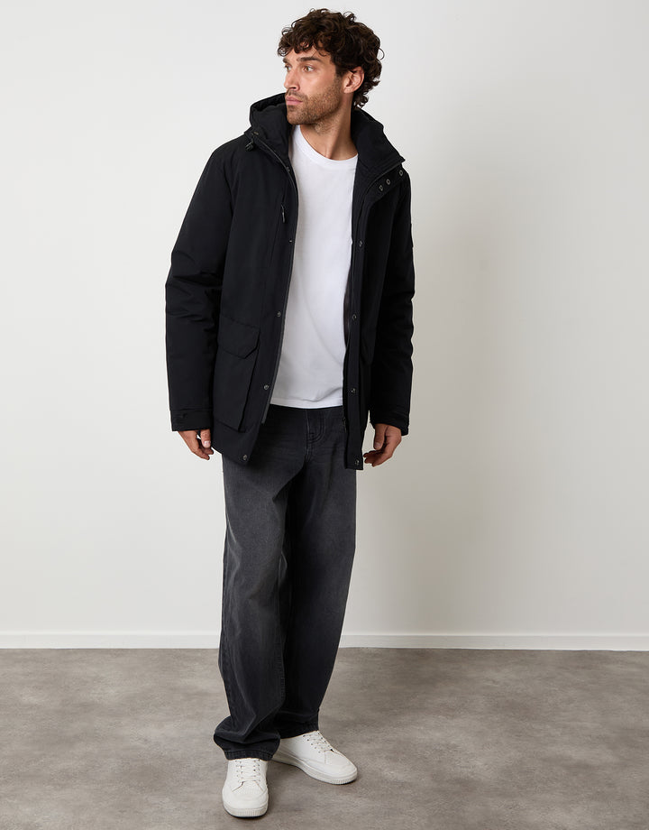 Black Showerproof Padded Hooded Coat
