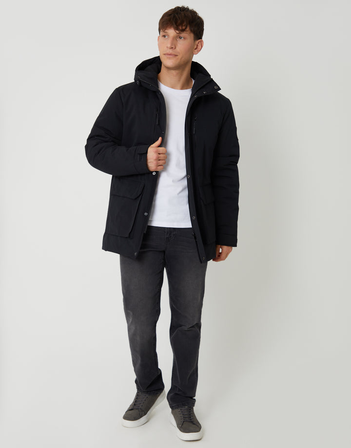 Threadbare Showerproof Padded Hooded Coat in Black - full body