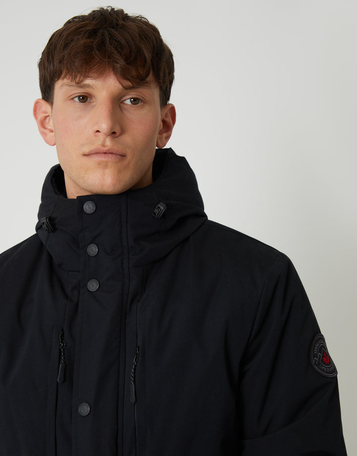 Threadbare Showerproof Padded Hooded Coat in Black - front view close up