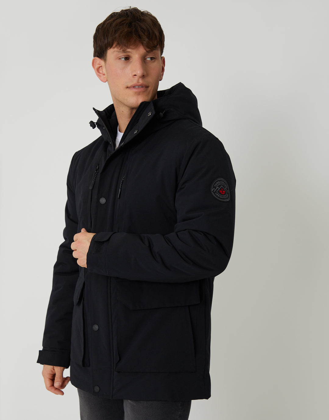 Threadbare Showerproof Padded Hooded Coat in Black - side view