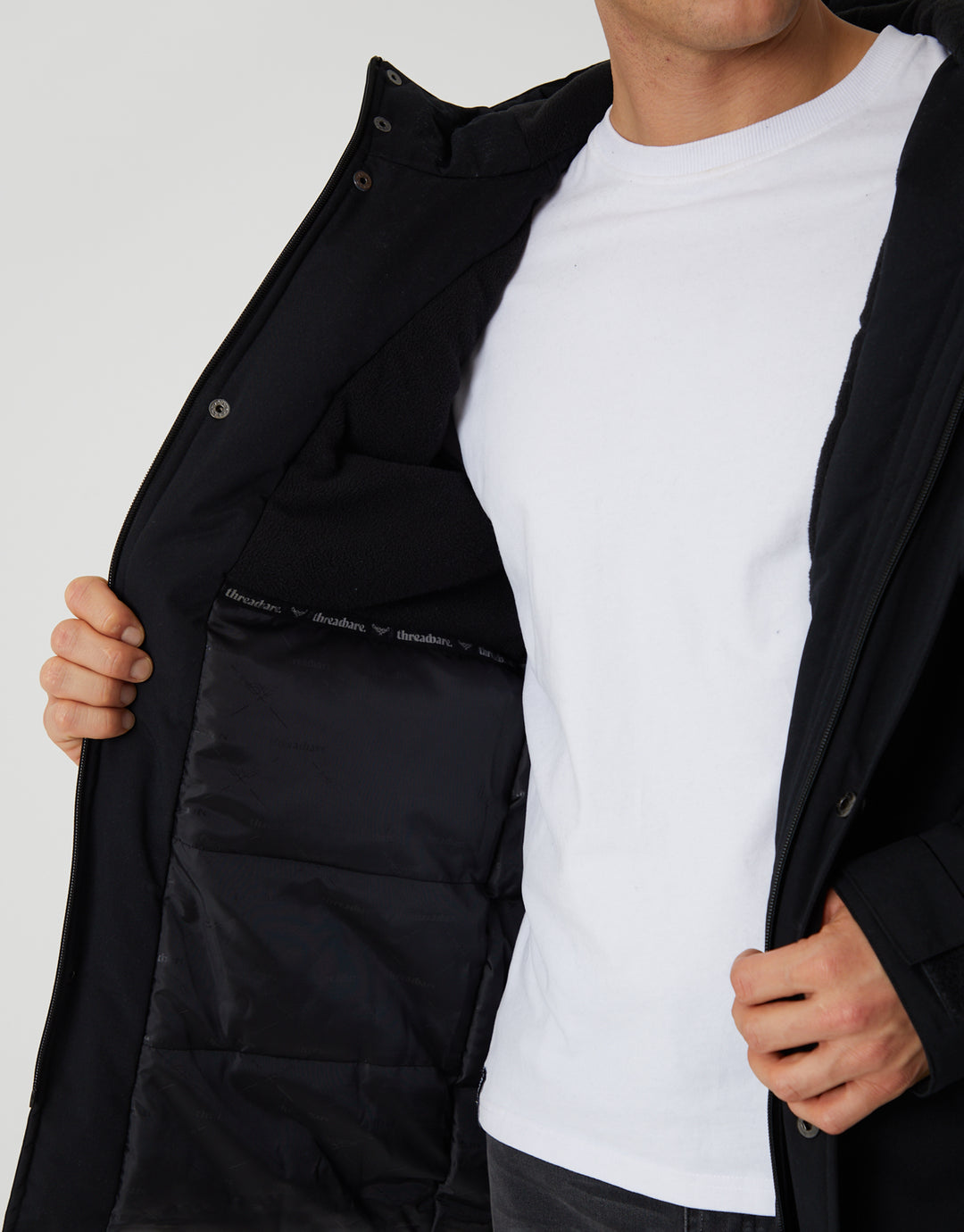 Threadbare Showerproof Padded Hooded Coat in Black - lining close up