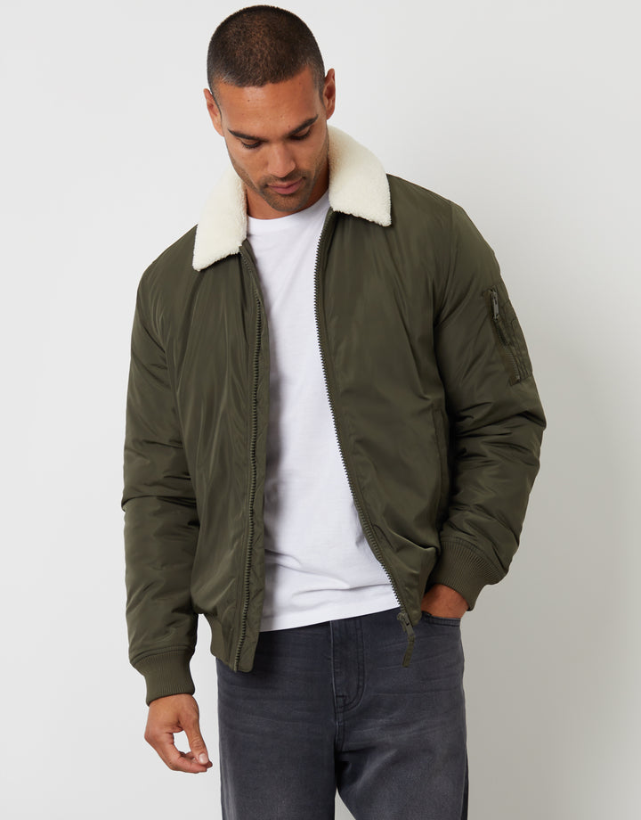 Khaki Green Borg Collar Bomber Jacket