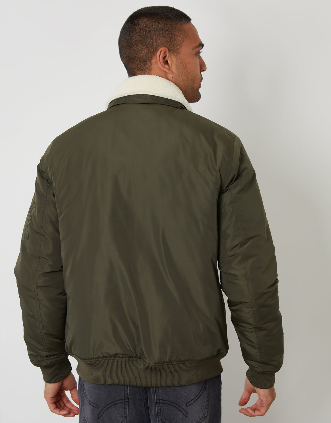 Khaki Green Borg Collar Bomber Jacket