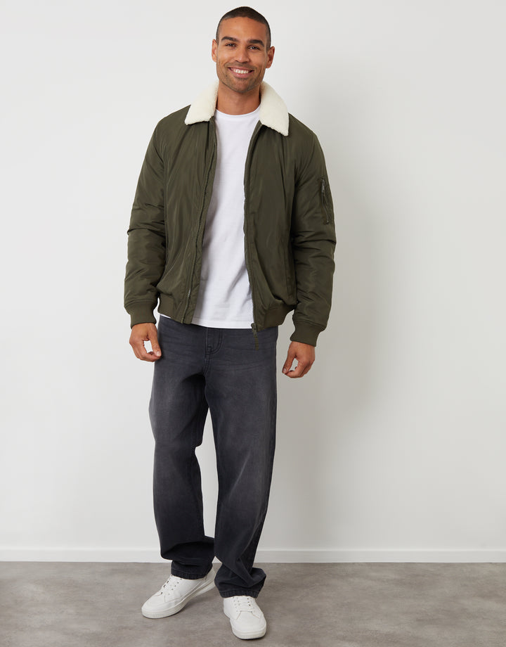 Khaki Green Borg Collar Bomber Jacket