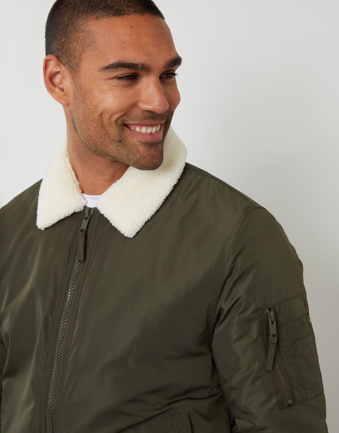 Khaki Green Borg Collar Bomber Jacket