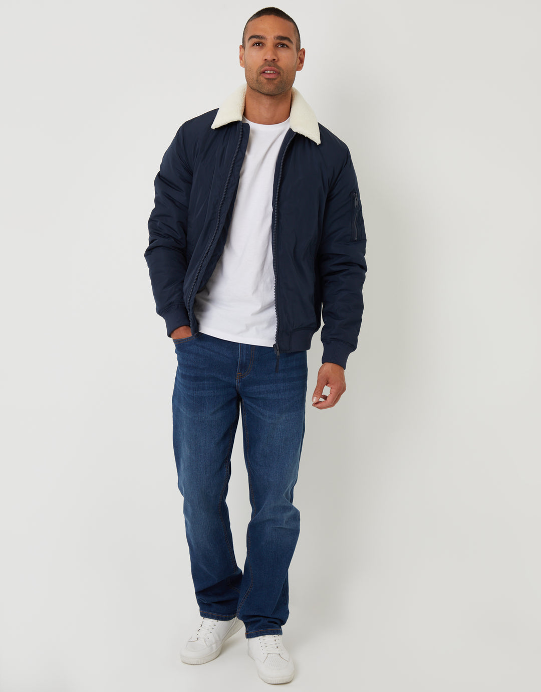 Navy Borg Collar Bomber Jacket