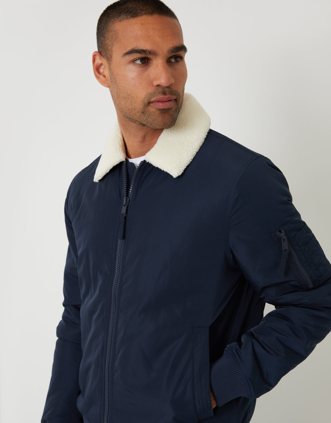 Navy Borg Collar Bomber Jacket