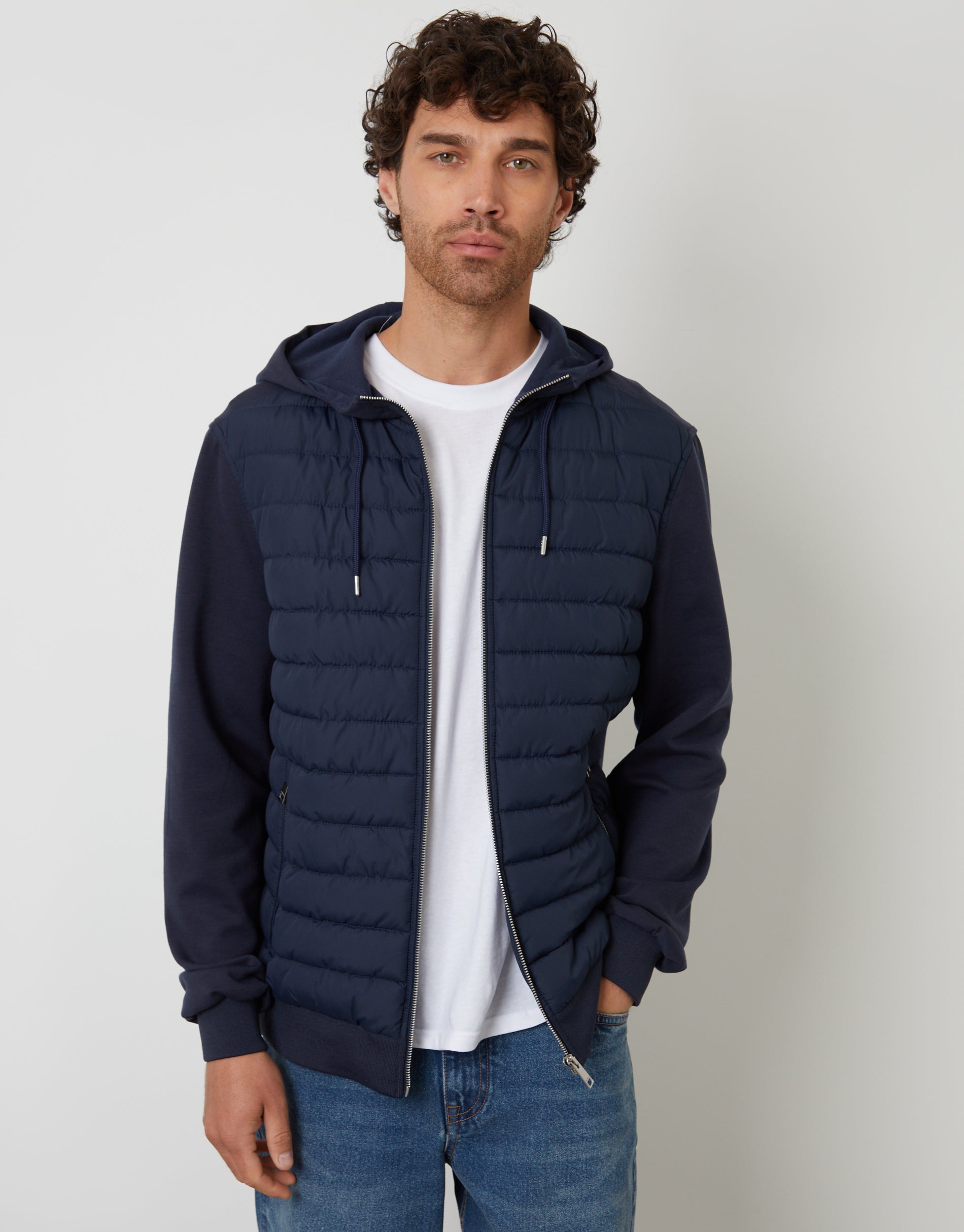Threadbare Men's Quilted Hybrid Hooded Jacket in Navy