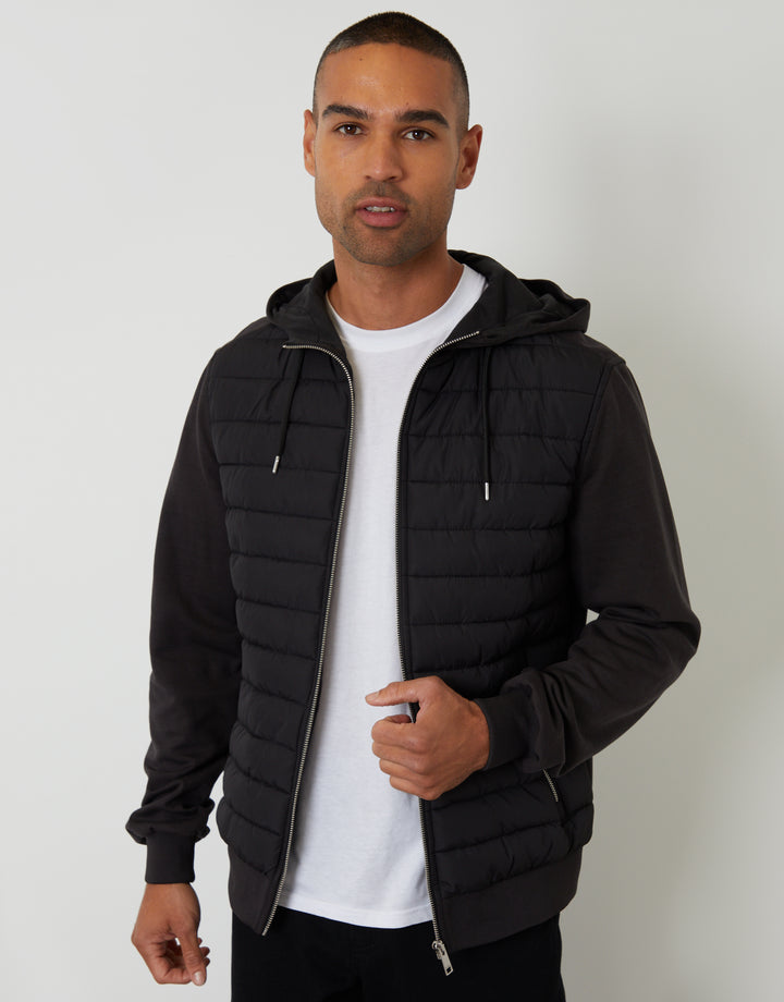 Black Quilted Hybrid Hooded Jacket