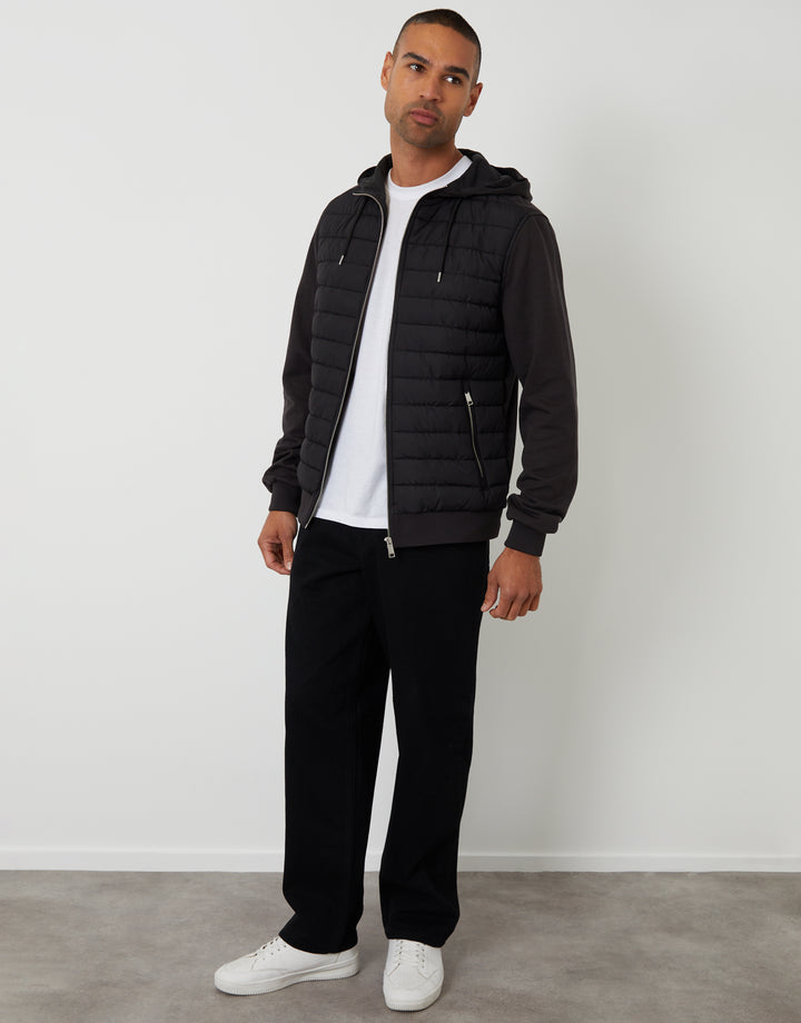 Black Quilted Hybrid Hooded Jacket